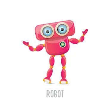 Vector funny cartoon pink friendly robot character Isolated on white background Stock Illustration