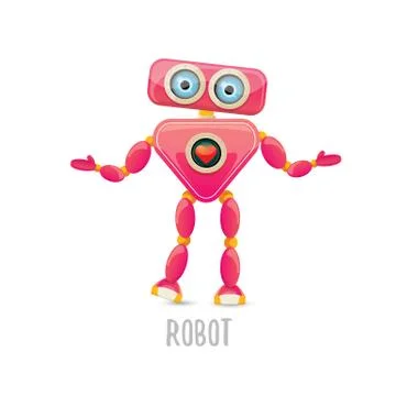 Vector funny cartoon pink friendly robot character Isolated on white background Stock Illustration