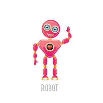 Vector funny cartoon pink friendly robot character Isolated on white background Stock Illustration