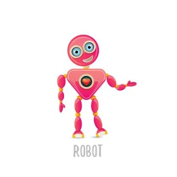 Vector funny cartoon pink friendly robot character Isolated on white background Stock Illustration