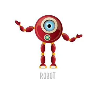 Vector funny cartoon red friendly robot character isolated on white background Stock Illustration