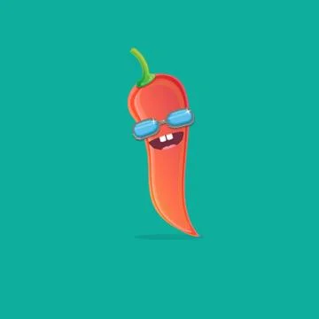 Vector funny cartoon red hot chilli pepper character with sunglasses isolated on Stock Illustration