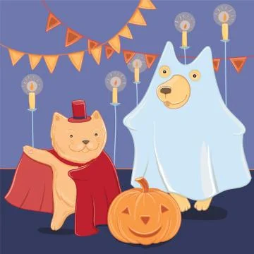 Vector funny dog and cat in halloween costumes Stock Illustration