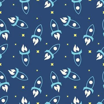 Vector funny doodle style hand drawn rockets in space seamless pattern Stock Illustration