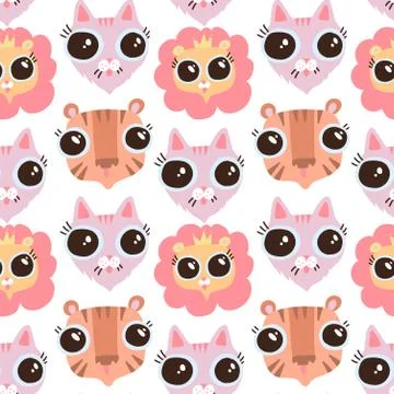 Vector funny flat cartoon cat , liom and tiger heads seamless pattern. Flat Stock Illustration
