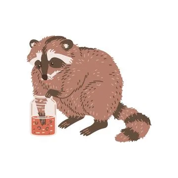 Vector funny hungry racoon stands on hind legs and put paw in bottle of jam Stock Illustration