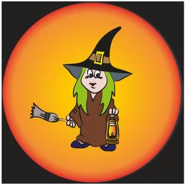 Vector. A funny little witch with a lantern Stock Illustration