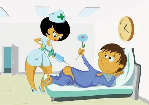 Vector: funny nurse injecting patient in the private ward. Stock Illustration