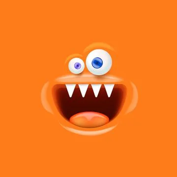 Vector funny orange monster face with open mouth with fangs and eyes isolated on Illustrazione stock