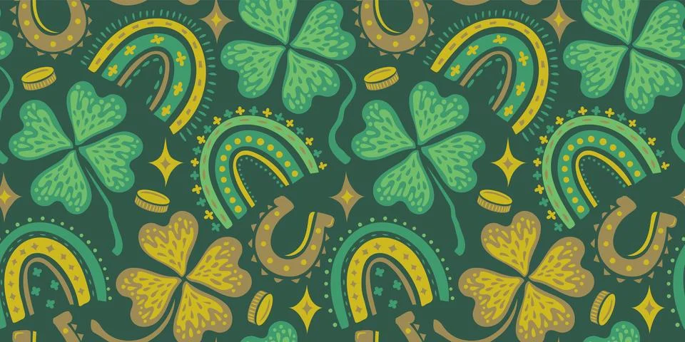 Vector funny seamless pattern for Patrick's day with lucky clover, money, h.. Stock Illustration