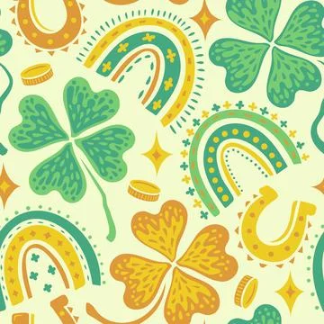 Vector funny seamless pattern for Patrick's day with lucky clover, money, h.. Stock Illustration