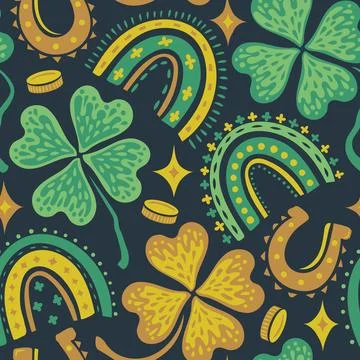 Vector funny seamless pattern for st. Patrick's day with lucky clover, mone.. Stock Illustration