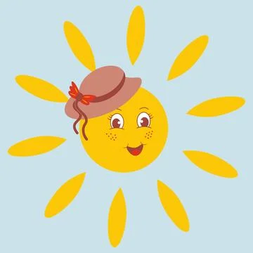 Vector Funny Sunny in a hat with a bow Summer has come Cartoon style Stock Illustration