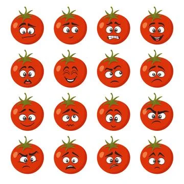 Vector Funny Tomato Character Faces with Cartoon Expressions. Tomato Face Set Illustrazione stock