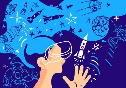 Vector futuristic design. Head, face of boy of virtual reality. Child in spac Stock Illustration