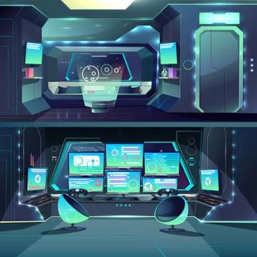 Vector futuristic spaceship datacenter, interfaces and servers. Stock Illustration