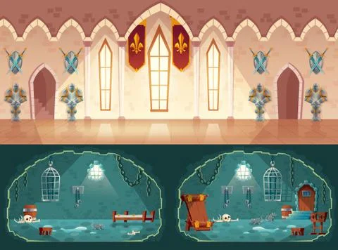 Vector game backgrounds, ballroom, prison cell 스톡 일러스트