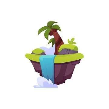 Vector game landscape with a floating island with a palm tree and a waterfall 스톡 일러스트