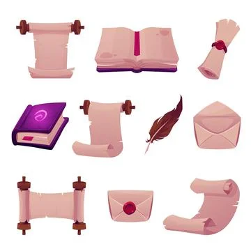Vector gaming scrolls set with rolled parchment, magic book, envelope and quill. Stock Illustration