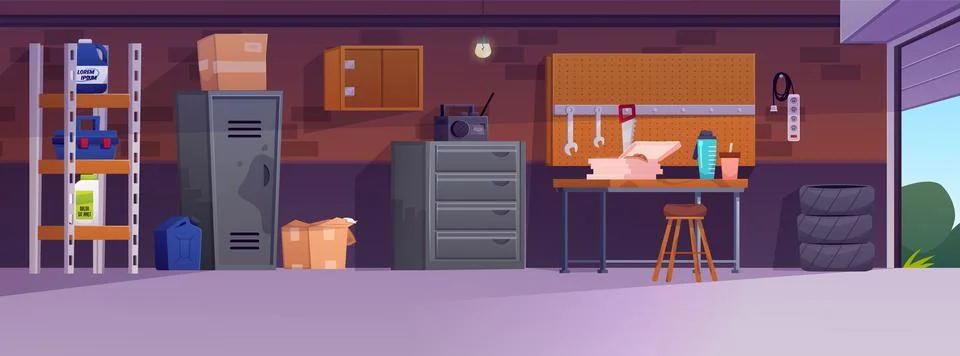 Vector garage interior with table, tools, shelves, metal cabinet, boxes, tires Stock Illustration