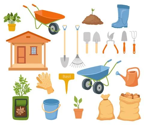 Vector garden tools set isolated on white. Gardening elements in flat cartoon Illustrazione stock
