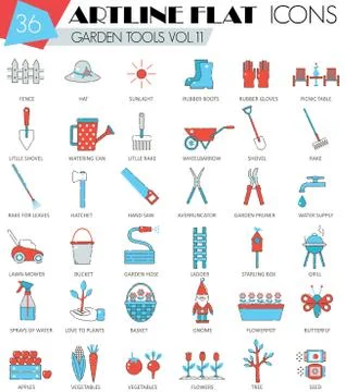 Vector Garden tools ultra modern outline artline flat line icons for web and Stock Illustration