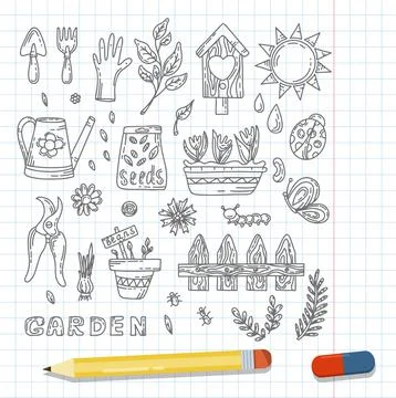 Vector gardening doodle set. Cartoon hand drawn isolated design horticulture Stock Illustration