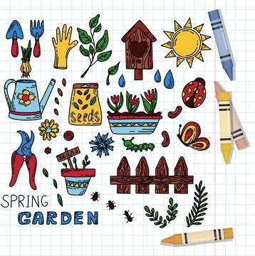 Vector gardening doodle set. Cartoon hand drawn isolated design horticulture Stock Illustration
