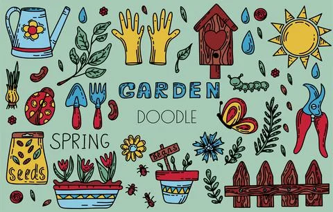 Vector gardening doodle set. Cartoon hand drawn isolated design horticulture Stock Illustration