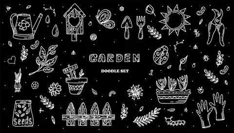 Vector gardening doodle set. Cartoon hand drawn isolated design horticulture Stock Illustration