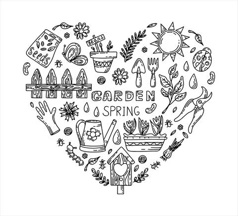 Vector gardening doodle set. Cartoon hand drawn isolated design horticulture Stock Illustration