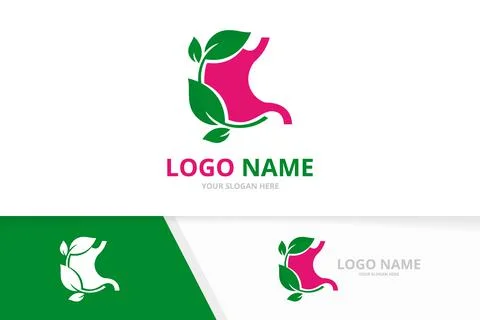 Vector gastrointestinal tract logotype design. Eco stomach and leaves logo. Illustrazione stock