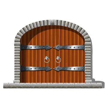 Vector gate of fairy tale castle and tower. Stone entrance with wooden gates, 스톡 일러스트