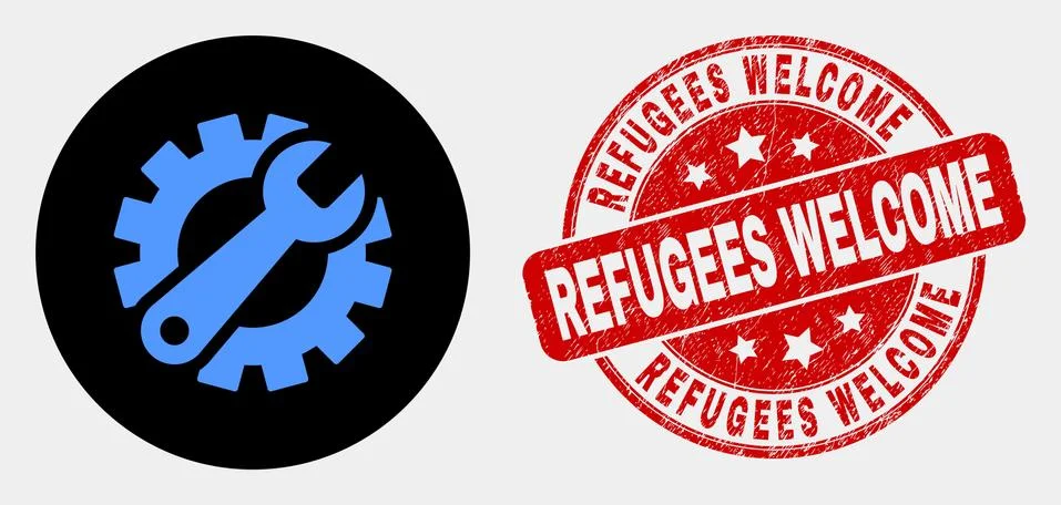 Vector Gear Tools Icon and Grunge Refugees Welcome Stamp Seal Stock Illustration