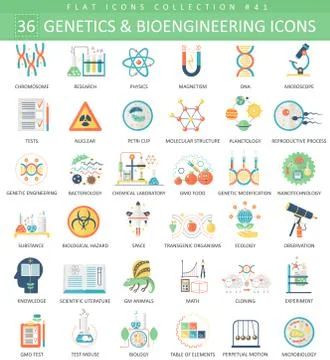 Vector Genetics and bioengineering flat icon set. Elegant style design. Stock Illustration