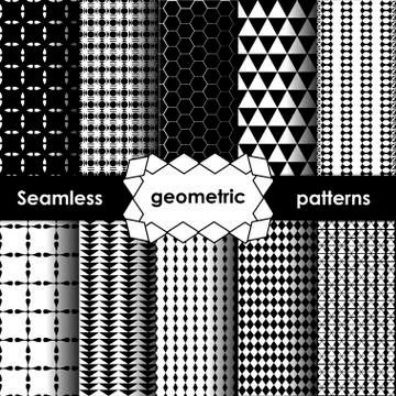 Vector Geometric black and white Seamless Patterns Set. Stock Illustration