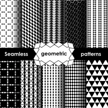 Vector Geometric black and white Seamless Patterns Set. Stock Illustration