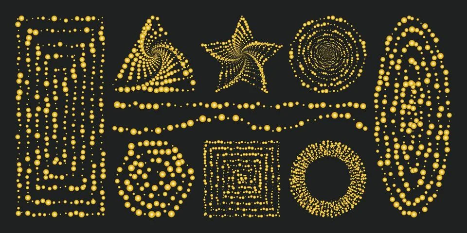 Vector geometric elements bundle with golden halftone dots shapes on black .. Illustrazione stock
