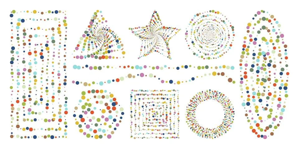 Vector geometric elements bundle with vibrant halftone dots shapes on white Stock Illustration