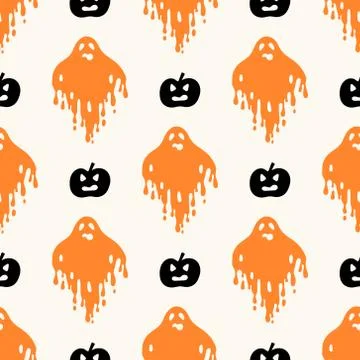 Vector geometric halloween seamless pattern with hand drawn ghosts and pumpkins Stockillustratie