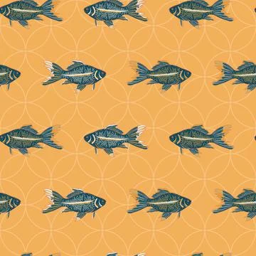 Vector geometric hand drawn gold fishes seamless pattern print background. Stock Illustration