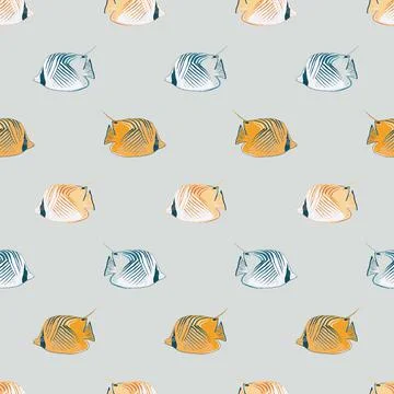 Vector geometric hand drawn threadfin butterflyfish seamless pattern print Stock Illustration