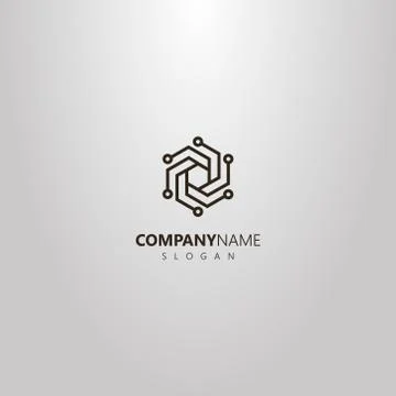 Vector geometric line art logo of hexagonal spiral chipset Stock Illustration