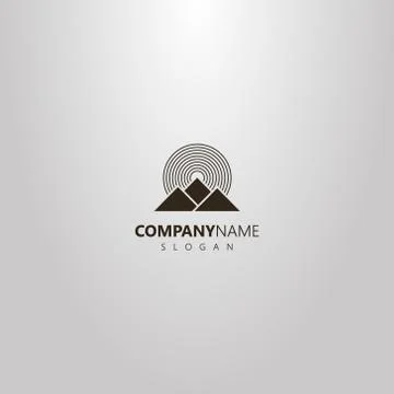 Vector geometric logo of three mountains and round rays of the sun Stock Illustration
