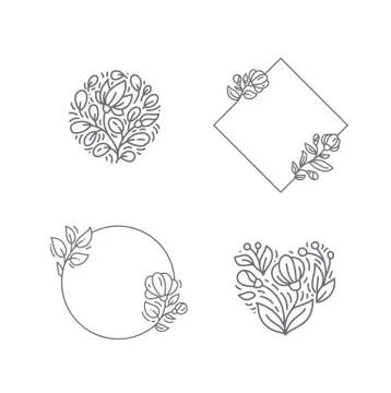 Vector geometric monoline square frame with flowers and plants items. Valentines Stock Illustration