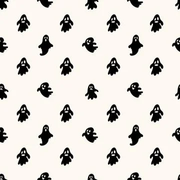 Vector geometric seamless pattern with hand drawn cute ghosts. Spooky halloween 库存插图