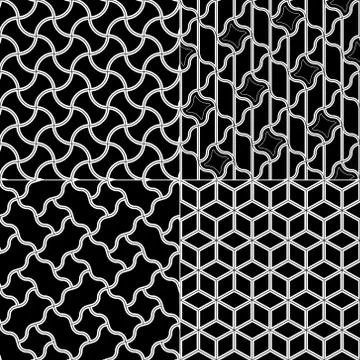 Vector geometric seamless patterns set, black and white texture. Stock Illustration