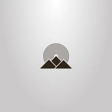 Vector geometric sign of three mountains and round rays of the sun Illustrazione stock