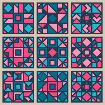 Vector Geometric Square  Pattern Design Element Set in Pink and Blue Stock Illustration