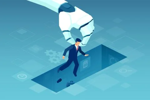 Vector of a giant robotic arm holding a small businessman, AI replaces in the Stock Illustration